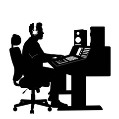Music producer in studio, focused and creative silhouette on a transparent background