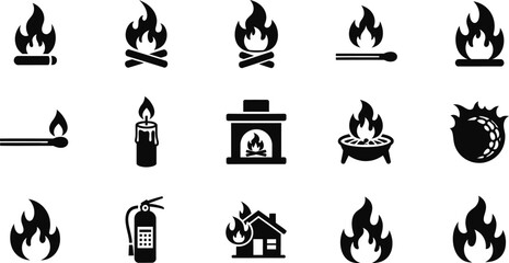 Comprehensive collection of diverse fire and flame vector icons, illustrating concepts of heat, warmth, danger, emergency, and safety for graphic design projects and informational graphics