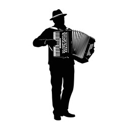 Musician playing accordion, lively and charming silhouette on a transparent background