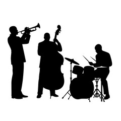 Musical trio performing together, lively and dynamic silhouette on a transparent background