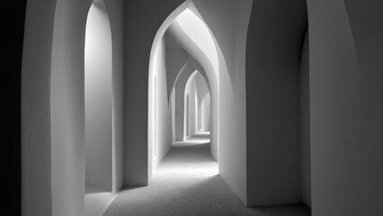 White arched doorways line a sunlit corridor, forming a repeating tunnel of light and shadow. Concept Arched Doorways, Sunlit Corridor, Light and Shadow, Repeating Pattern, Architectural Detail