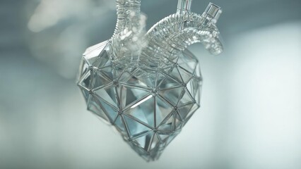 A faceted glass heart sculpture hanging from a curved glass hanger. Concept Faceted glass heart sculpture, Hanging curved glass hanger, Crystal heart ornament, Light-catching facets