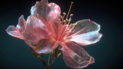 A pink hibiscus flower with translucent, neon-wireframe petals and yellow-tipped stamens against a dark background. Concept Pink hibiscus, Neon-wireframe petals, Translucent petals