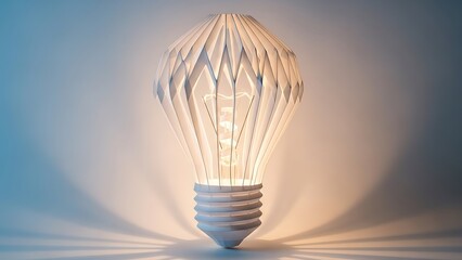 A glowing light bulb emits a warm glow on a gray background from a front viewpoint