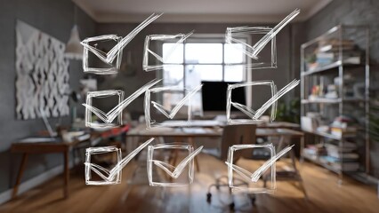 A grid of hand-drawn checkboxes with ticks overlaying a blurred office desk. Concept Hand-Drawn Checkboxes, Ticked Grid, Blurred Office Desk, Minimalist Office Illustration, Task-List Theme