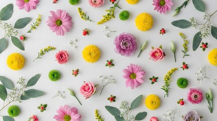 Flat lay floral arrangement with pink daisies,yellow chrysanthemums,ranunculus and eucalyptus leaves on white background,colorful flower pattern for spring or wedding decoration