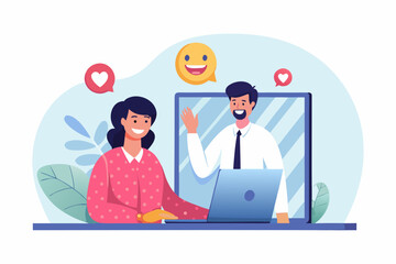 A cheerful couple connecting through a video call on a laptop