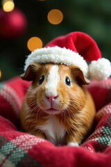 Guinea pig wearing Santa hat, nestled in festive bedding, merry christmas, small animal
