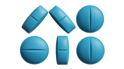 Six blue round biconvex medical pills with a single score line displayed in various orientations, isolated on transparent background