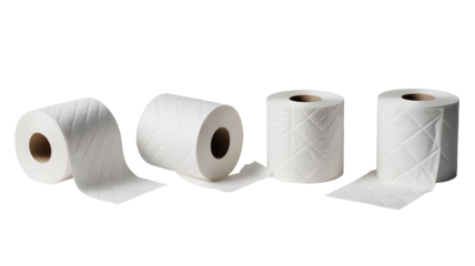 A collection of four white textured toilet paper rolls two upright and two lying partially unrolled, isolated on transparent background