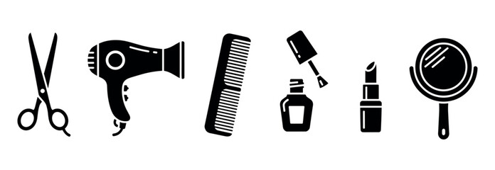 Professional haircare and makeup tools represented as graphic icons, perfect for beauty salon branding, cosmetics advertising, and stylist service promotions.