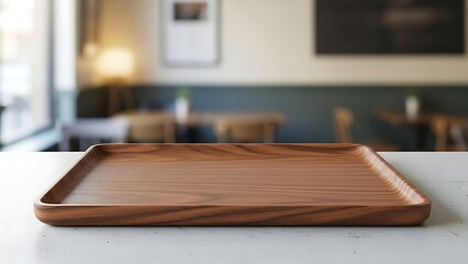 Empty Wooden Serving Tray on Modern Table in Cozy Cafe Setting, Elegant Food Presentation Platform for Restaurants or Home Use
