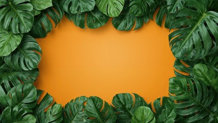 Fototapeta premium Green tropical leaves border an orange background. Natural botanical frame with lush foliage. Vibrant and fresh greenery surrounds a bright space.