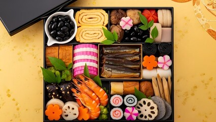 Fototapeta premium Traditional Japanese New Year Osechi Ryori Bento Box – Festive Holiday Celebration Food Photography Vibrant Osechi Ryori New Year Bento – Assorted Japanese Festive Dishes on Golden Background