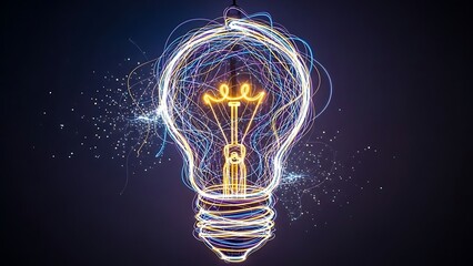 A glowing light bulb filled with swirling lines and sparks against a dark background