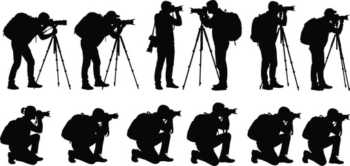 Obraz premium Silhouettes of photographers with tripod cameras in various standing and kneeling poses, capturing creative outdoor photography angles and perspectives