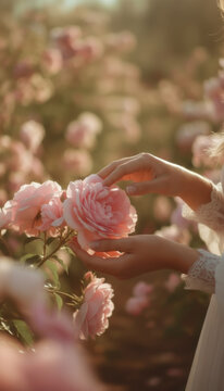 A close-up of a young woman with light skin and long hair gently touching a pink rose in a blooming garden filled with roses.
