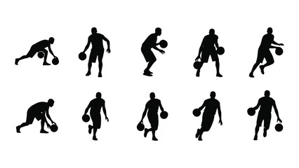 Silhouettes of basketball players in various action poses showcasing game movement