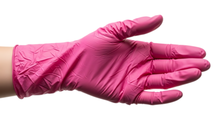 A pink nitrile glove presented with an open palm on transparent background