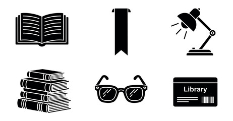 Essential collection of library and literacy themed glyphs featuring an open book, stacked books, bookmark, desk lamp, eyeglasses, and a library access card for learning resources.