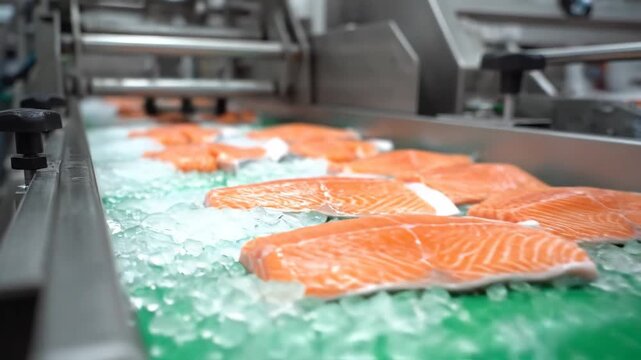 Salmon Fillets on a Conveyor Belt - Raw salmon fillets are moving along a conveyor belt, surrounded by ice, in a food processing facility.
