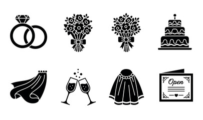 Set of elegant wedding celebration elements featuring engagement rings, floral bouquets, tiered cake, and champagne toast for bridal designs and event planning.