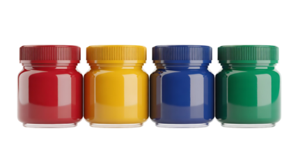 Four vibrant red yellow blue green paint jars with matching ribbed caps for art crafts and creativity, isolated on transparent background