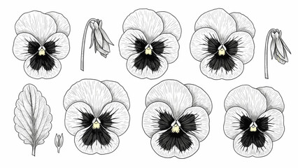 Detailed botanical black and white pansy flower collection showcasing various stages of growth suitable for garden enthusiast guides, springtime visual projects, or elegant decorative