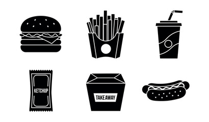Fast food restaurant takeaway meal icons collection including hamburger, french fries, soda drink, ketchup, and hot dog for menu graphics or delivery app interfaces