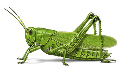 A vibrant green grasshopper standing on a surface, viewed from the side, showcasing its detailed anatomy and long antennae in a clear illustration