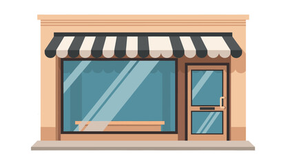 Contemporary empty storefront facade featuring a black and white striped awning and large display window, perfect for business concepts, retail shop presentations, and urban branding