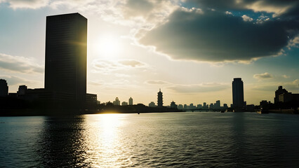a dramatic cityscape featuring a tall skyscraper silhouetted against a bright sunlit sky with reflections on the water below high quality professional detailed modern elegant stylish