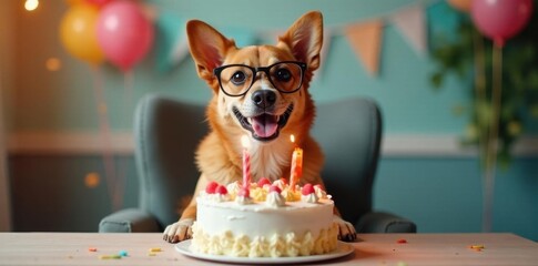 Happy dog in glasses sits on chair near birthday cake , pet photography, animal, celebration