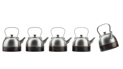 Five antique hammered metal kettles featuring a rustic finish on the bottom with one kettle tilted, isolated on transparent background