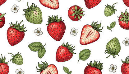 A vibrant scattering of fresh red and unripe green strawberries along with delicate white blossoms and green leaves creates a delightful food theme for packaging, textiles, or healthy