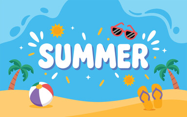 Summer Holiday Background with Ocean Waves, Palm Trees and Beach Accessories in Flat Style