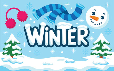 Cute Winter Season Illustration with Snowman Face, Blue Scarf, Earmuffs and Snowy Trees