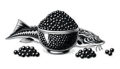 A classic black and white sturgeon fish and a luxurious bowl overflowing with rich black caviar, perfect for gourmet food packaging, restaurant menus, or sophisticated culinary publications.