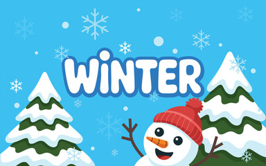 Happy Snowman in Red Hat with Snowy Mountains and Trees for Winter Season Background