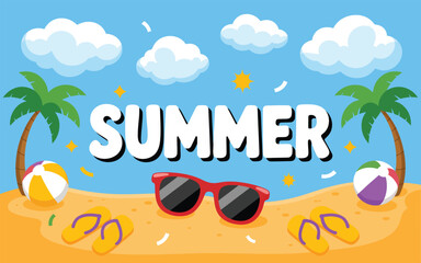 Colorful Summer Beach Vacation Illustration with Palm Trees, Sunglasses and Beach Balls