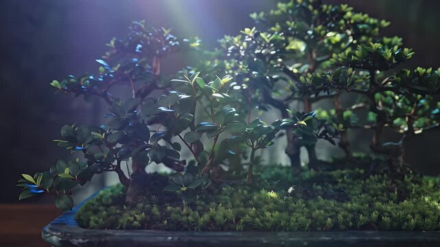 Intricately pruned bonsai display showcased under dramatic stage lighting tonight