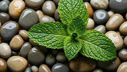 fresh mint leaves stones on the beach
