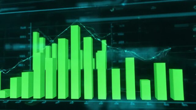 Green Bar Graph with Line Chart - This video shows a green bar graph with an overlaying line chart on a dark blue background. It is indicative of data analysis, growth, and financial trends.