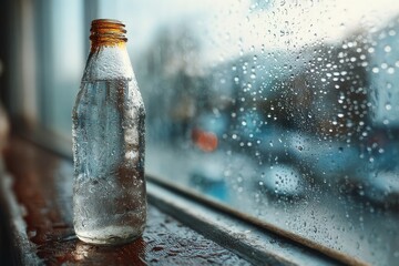 Water in a bottle rests on a windowsill while rain falls Generative AI