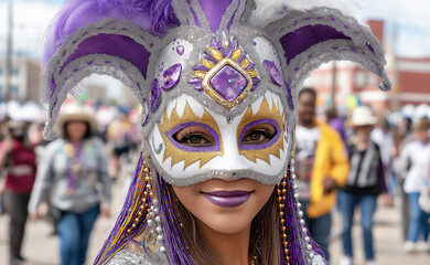 Portrait of a woman wearing a traditional feathered carnival mask against a festive background, symbolizing celebration, mystery, culture, festive atmosphere and an artistic lifestyle.