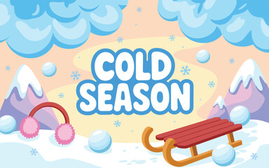 Colorful Cold Season Background featuring a Red Sled, Earmuffs and Snowballs