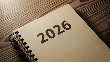 A spiral bound notebook with the year 2026 printed on the cover page lying on a wooden surface