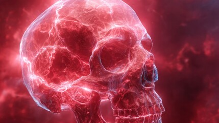 Skull glowing with bright red light during a dark background scene at night showcasing a distinct and striking appearance of a human skull