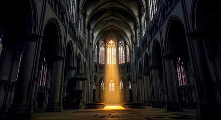 Obraz premium Sunlit Cathedral Interior With Gothic Arches And Stained Glass Window Light