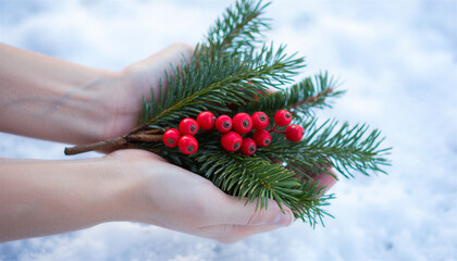 Womans hands holding wildflowers bouquet with flowers a pine cone